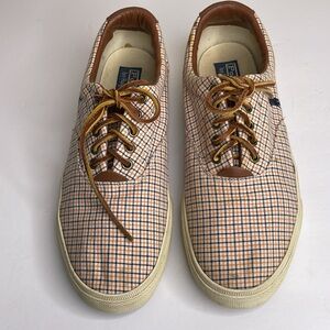 POLO Ralph Lauren VAUGHN Canvas & Leather Orange & Blue Plaid Lace Up Sneakers